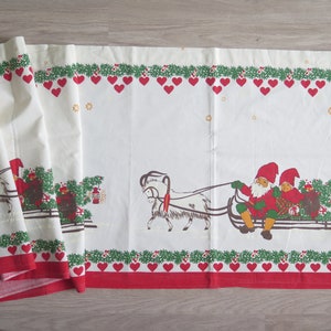 Long Valance Scandinavian, Red Gnome Dala Goat Hearts Vintage Swedish Christmas Cotton Curtain #C-1-14