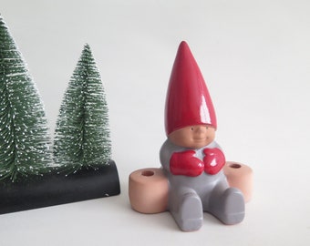 Lisa Larson Gnome Figurine - Candle Holder, Gustavsberg Swedish Christmas Collectible, Gnome Red Hat #802-6