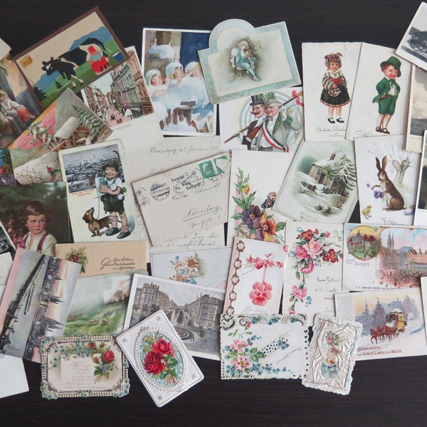 German Paper Ephemera Lot, Authentic German Postcards Letter Adds Antique German mixed vintage photos, Illustrations, scrapbook #810-25