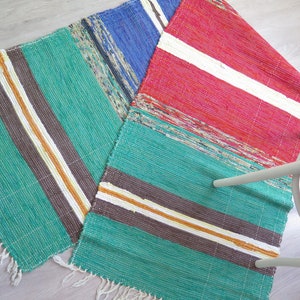 Woven Floor Runner, Woven Multicolored Blue Red Green Striped Rug Rag, 246 x 71 cm / 96.8 x 27.9 in, Vintage Swedish Scandinavian #8-09-23
