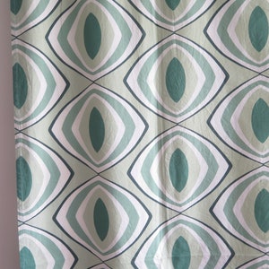 Pair of Curtains White Green Op Art, Vintage Swedish Scandinavian Long Cotton Curtains with Rod pocket #8-1-17