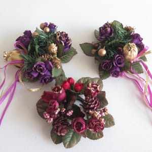 Floral Candle Rings Set of 3 Plastic Candle Decoration Purple, Red Floral Selected Candle Wreaths #8-12-19