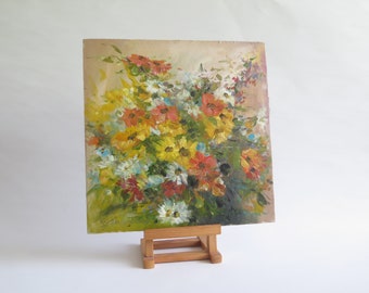 Oil Painting Yellow Orange Flowers, Floral Bouquet, Vintage Painting Original Art Signed by Artist K. Sharman #811-46