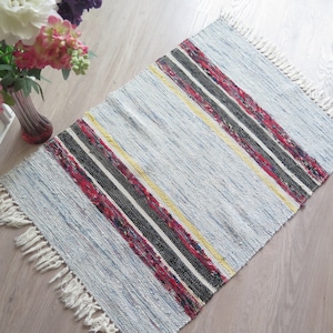 Rug Rag Blue Red Black Vintage Swedish, Hand Woven Floor Runner Striped Scandinavian #8-02-24