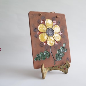Ceramic Wall Plaque Yellow Flower, Signed 1975 Wall Decor, Vintage Scandinavian Pottery Floral Wall Hanging #8-11-12