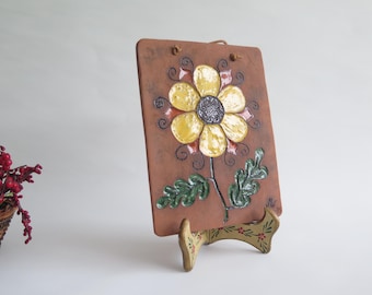 Ceramic Wall Plaque Yellow Flower, Signed 1975 Wall Decor, Vintage Scandinavian Pottery Floral Hanging #8-11-12