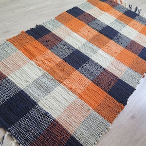 Rug Rag Dark Blue, Orange, Gray, Vintage Swedish, Woven Floor Runner Striped Checked Scandinavian #8-09-9