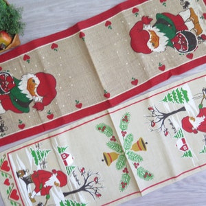 Table Runner, Printed Jute Table Cloth Swedish Scandinavian Vintage Christmas Table Decor, Retro Textiles, Gnomes Hearts #C-4-53/54