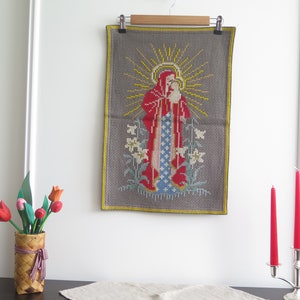 Embroidered Jesus Maria Wall Hanging Decor Swedish Vintage Scandinavian Wall Decor Handmade Retro Christmas #8-08-37