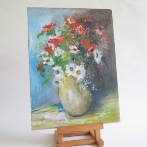 Pintura al óleo Flores coloridas blancas rojas en jarrón, pintura floral vintage Arte original firmado por el artista K. Sharman #811-48