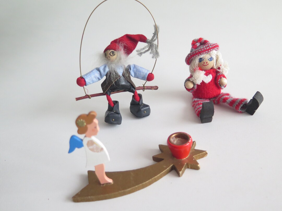 Wooden Gnomes, Set of 3 Gnome Figurines, Gnome on Swings, Angel Candle ...