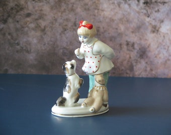 Girl w Dog and Teddy Bear Porcelain Figurine '60s Vintage ZHK Polonne Porcelain Hand painted USSR Statue Collectible #812-24