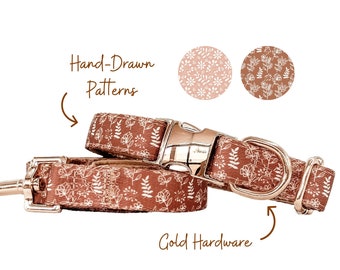 Brown Dog Collar And Leash Set Girl, Cute Boho Collar, Brown Dog Accessories, Floral Stylish Set, Soft And Durable Dog Collar and Leash Boy
