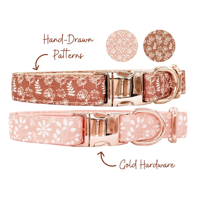 Puede incluir: Dos collares para perros con patrones florales dibujados a mano. El collar superior es marr&oacute;n con flores blancas y el collar inferior es rosa con flores blancas. Ambos collares tienen herrajes dorados.