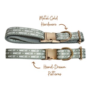 May include: Two green dog collars with gold hardware and a white repeating pattern that says "Mama's Boy".
