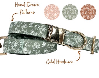 Sage Green Dog Collar And Leash Set, Cute Boho Collar, Brown Dog Accessory, Blush Floral Stylish Set, Soft And Durable Dog Collar and Leash