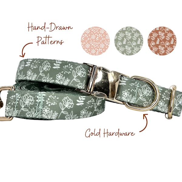 Sage Green Dog Collar And Leash Set, Cute Boho Collar, Brown Dog Accessory, Blush Floral Stylish Set, Soft And Durable Dog Collar and Leash