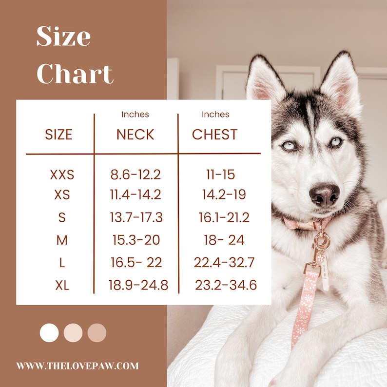 May include: Size chart for dog harnesses, showing neck and chest measurements in inches for sizes XXS to XL. The chart is on a brown background with a white husky dog wearing a pink harness.