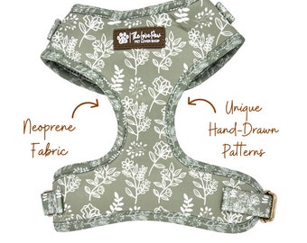 Sage Green Boho Dog Harness, Cute Dog Accessory, Girl/Boy Dog Harness, Flower Stylish Pattern, Soft And Durable Dog , Gold Buckles