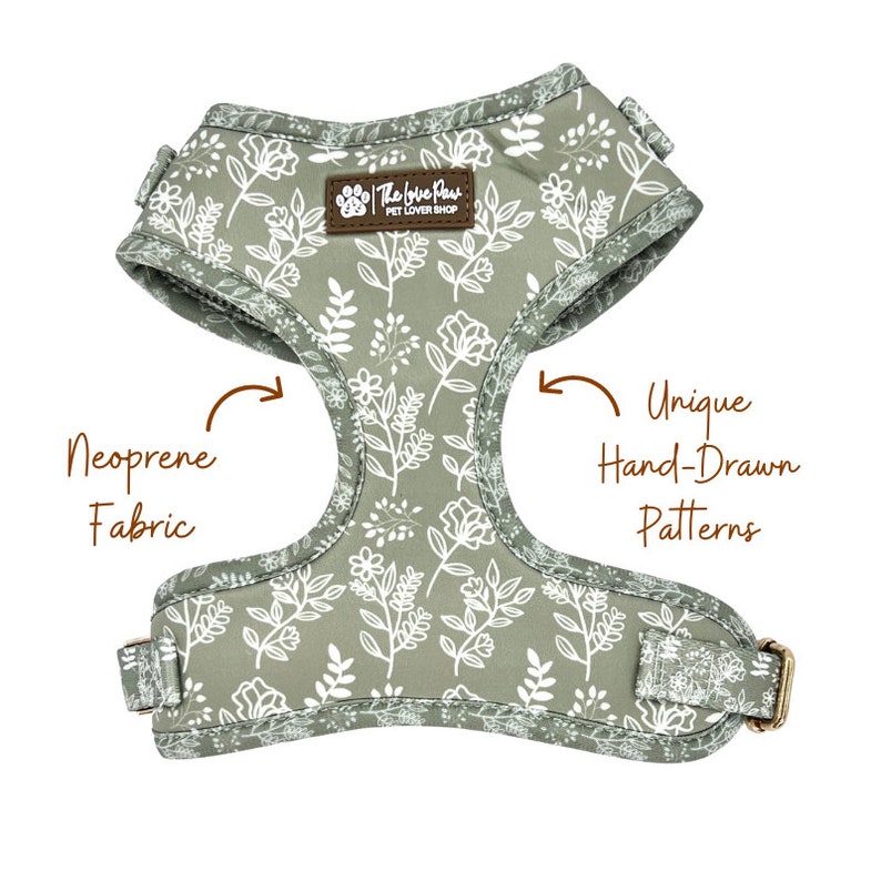 Sage Grün Boho Hundegeschirr, niedliches Hundezubehör, Mädchen / Jungen Hundegeschirr, Blumenstilvolles Muster, weicher und haltbarer Hund, goldene Schnallen Bild 1