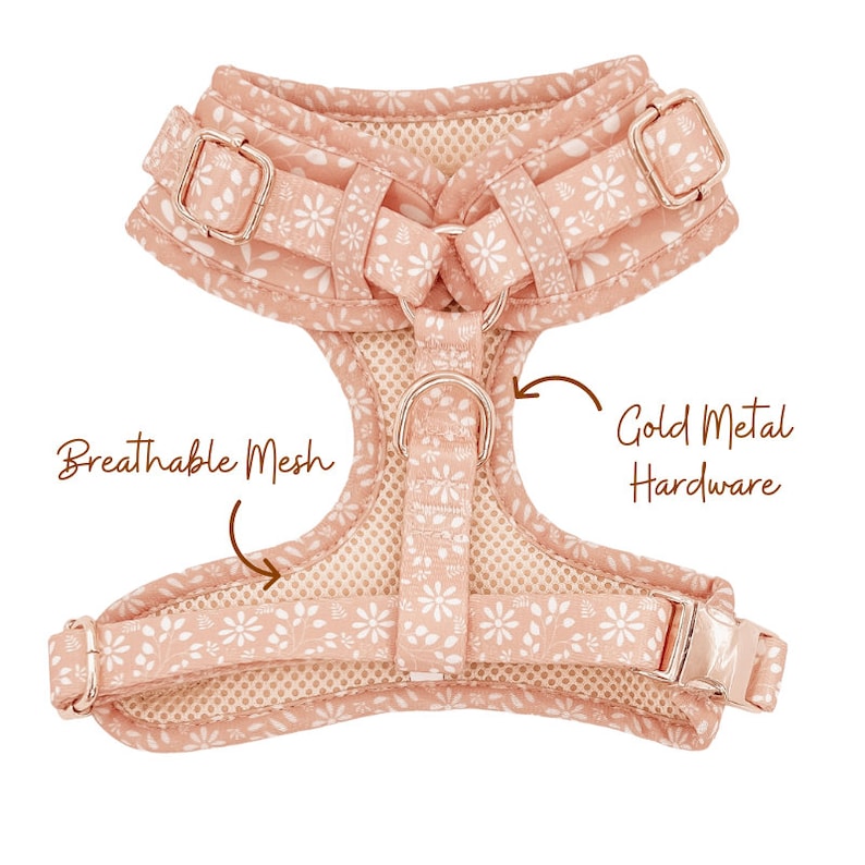 May include: A pink floral dog harness with gold metal hardware and breathable mesh lining.