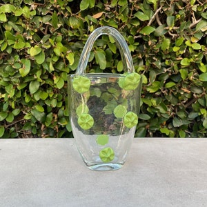 Heavy hand blown glass whimsical flower purse vase
