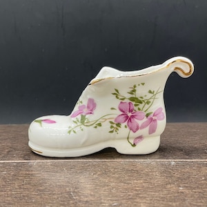 Vintage Bone China miniature Boot with pink violet floral motif and gold trim