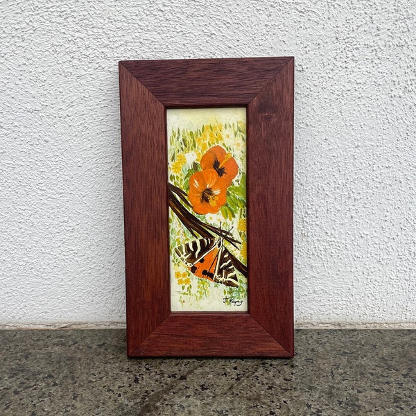 Vintage hand painted, signed, quartz tile, flowers and butterfly, translucent, 1970's