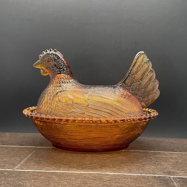 Vintage Indiana Glass Hen on Next 7" Covered Dish