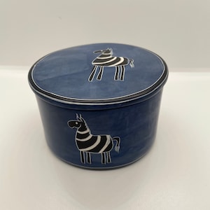 Blue Soapstone trinket / jewelry box, Zebra Motif