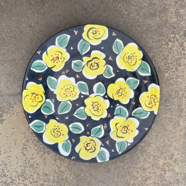 Vintage hand painted 12" plate with yellow flowers, signed by artist