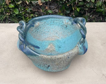 Gorgeous hand made pottery bowl, blue green glaze, signed, 9 inches