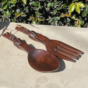 Vintage hand carved wooden spoon and fort salad set, 12 inches