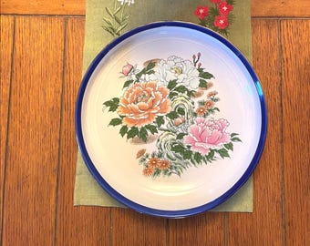 Vintage Asian Hand Painted Peony Plate with Cobalt & Gold Rim