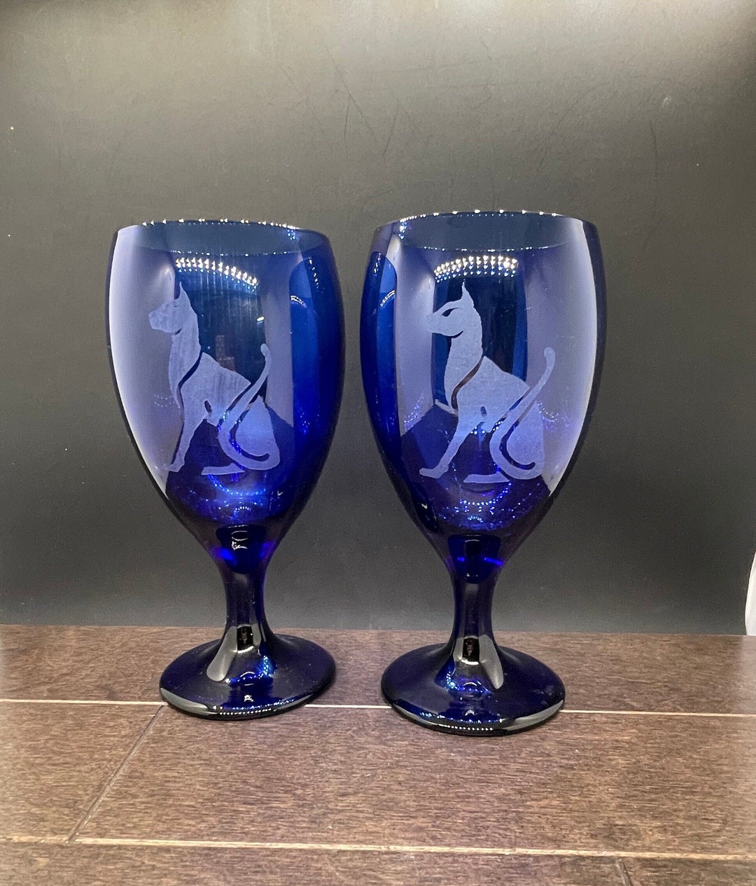 Cobalt Blue Wine / Water Goblets With Art Deco Egyptian Cat Etsy