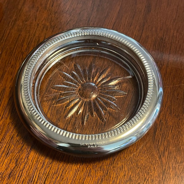 8 Vintage Leonard Italy glass and silverplate sunburst coasters, 1960's