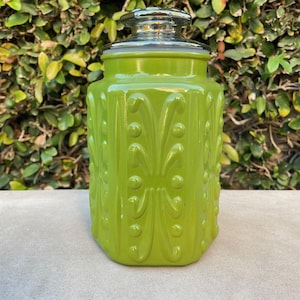 Rare vintage LE Smith Imperial Glass avocado green Atterbury Scroll 9&quot; Canister / apothecary jar
