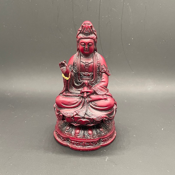 Sitting Goddess Kuan Yin, Chinese Buddha, Red Resin