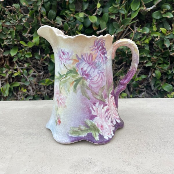 Gorgeous Antique Porcelain Hand Painted pitcher with Chrysanthemums, signed dated 1904