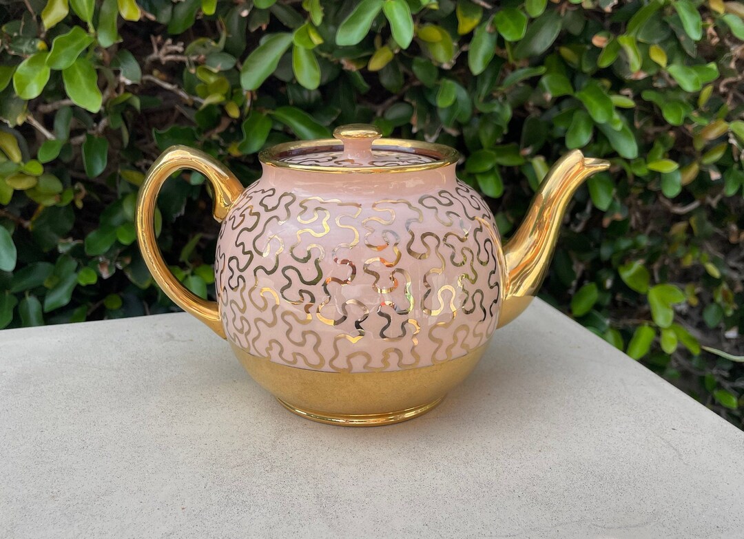 Hand Painted Sadler Brown Betty Teapot in Gold and Pink Art Etsy