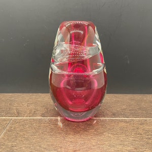 Hand blown art glass bud vase, red and clear modern design