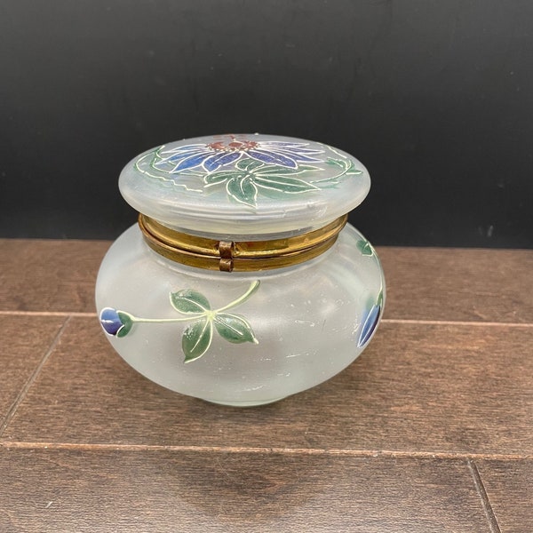Early 20th Century Antique Victorian Frosted Glass Painted Enamel Dresser Box With Hinged Lid