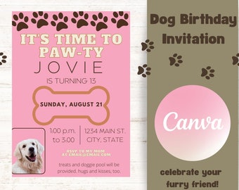 Dog Party Invite | Dog Birthday Invitation | Dog Birthday Pink Invite | Dog Party Invitation Template | Pet Party Invitation | Pet Invite