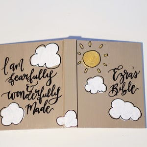 Personalized Children&#39;s Bible, Hand Painted, Baby&#39;s 1st Bible, Baby Shower Gift, Baptism Gift, Children&#39;s Book, Clouds, Sky, Sun Design
