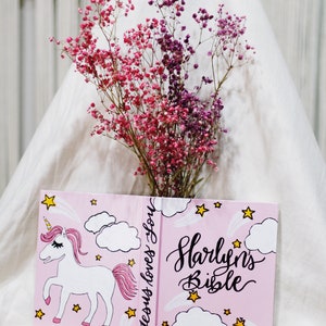 Personalized Children&#39;s Bible, Hand Painted, Baby&#39;s 1st Bible, Baby Shower Gift, Baptism Gift, Children&#39;s Book, Unicorn & Shooting Stars