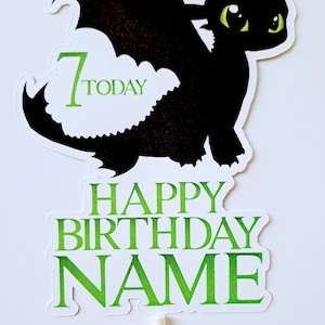 May include: Black silhouette of a dragon with green eyes and a green number 7 with the word "TODAY" underneath. Below the dragon is a green inscription that reads "HAPPY BIRTHDAY NAME".