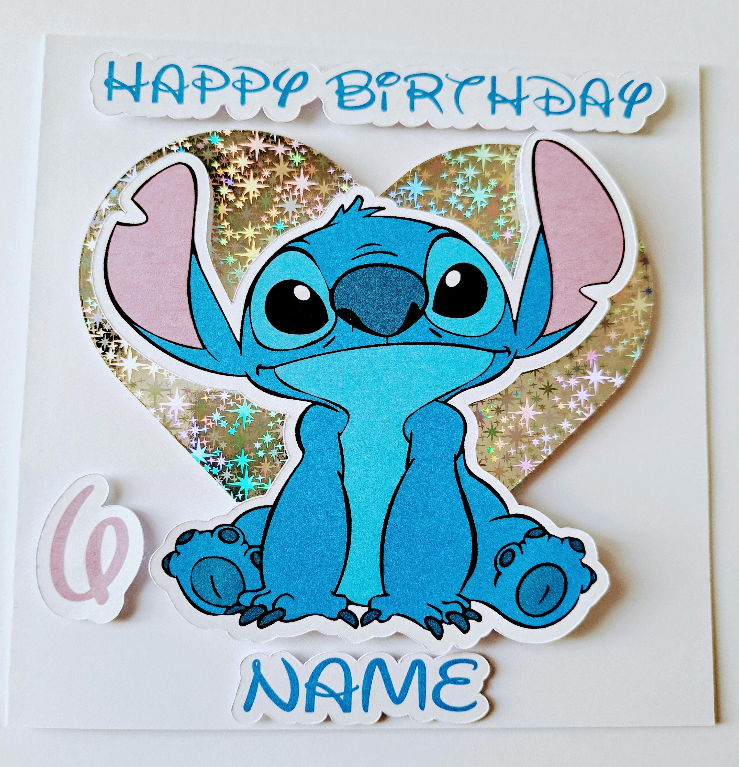 Stitch Birthday Card X1 Personalised, on a Sparkly Heart
