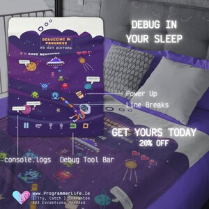 May include: A purple and black fleece blanket with a pixelated design of a spaceship, aliens, and a video game controller. The text "Debugging in Progress, Do Not Disturb" is at the top of the blanket. The text "Get Yours Today 20% Off" is at the bottom of the blanket.