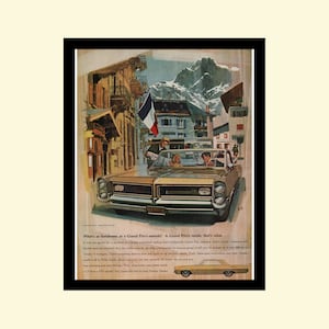 Vintage 1964 Pontiac Grand Prix ad, framed retro classic car GM General Motors V8 V-8 advertisement Life Magazine 1960s 60s