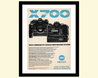 Vintage 1980s Minolta X-700 X700 film SLR camera system ad framed, retro 35mm photography advertisement 1983 80s